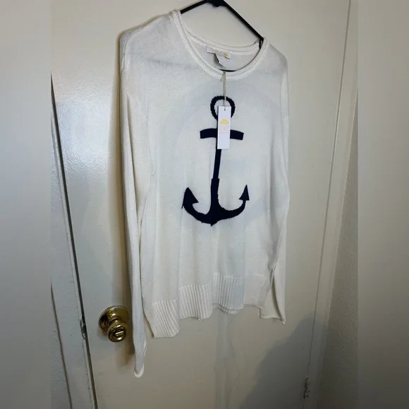 C&C California White Sweater with Navy Anchor - Picture 1 of 8